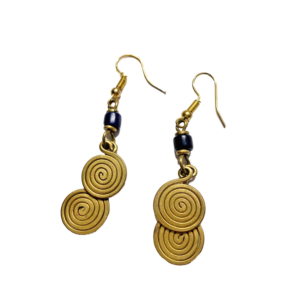 Pierced Earrings Goldtone & Polished Black Stone Wire Drop Dangles Etruscan Look